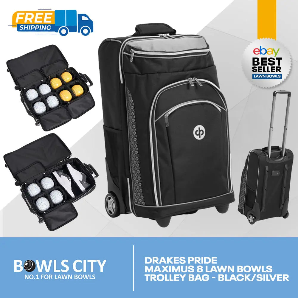X LARGE Drakes Pride Black/Silver 8 Trolley Bowls Bag - 4 x 2 bowls carriers - Bowls City