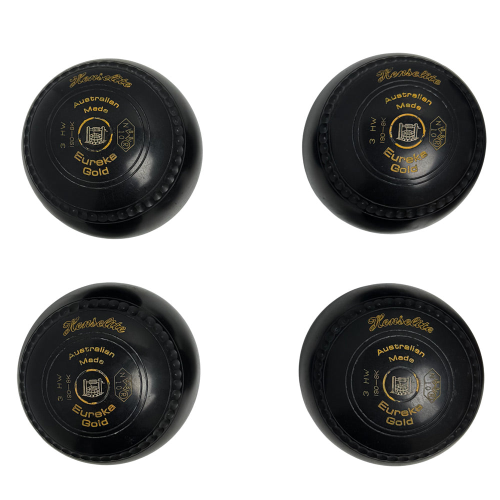 Henselite (Pre-Owned) Eureka Gold Lawn Bowls Size 3 Heavy Gripped - Black