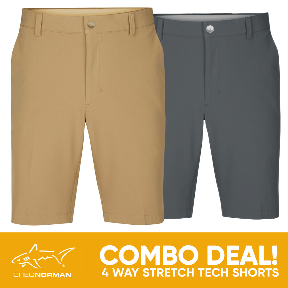 2 PAIR SHORT COMBO!<br>Greg Norman Mens 4 Way Stretch Tech Short - Bamboo/Steel