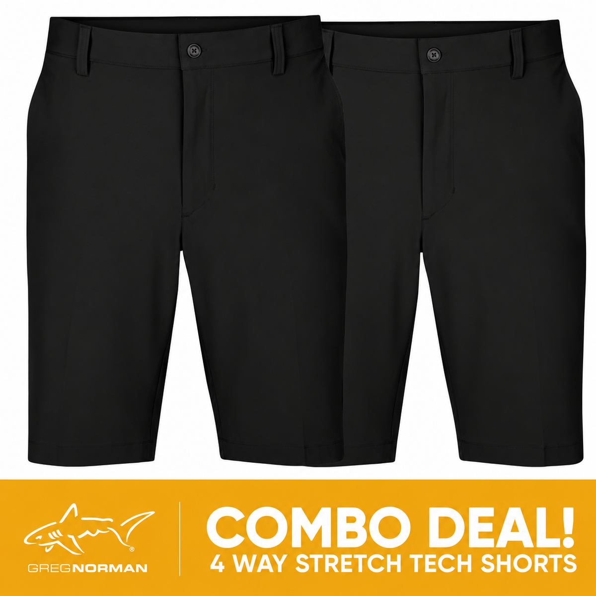 2 PAIR SHORT COMBO!<br>Greg Norman Mens 4 Way Stretch Tech Short - Black/Black