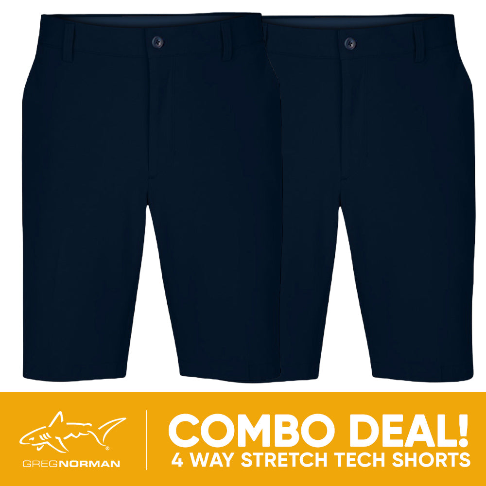 2 PAIR SHORT COMBO!<br>Greg Norman Mens 4 Way Stretch Tech Short - Navy/Navy
