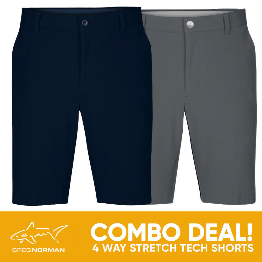 2 PAIR SHORT COMBO!<br>Greg Norman Mens 4 Way Stretch Tech Short - Navy/Steel