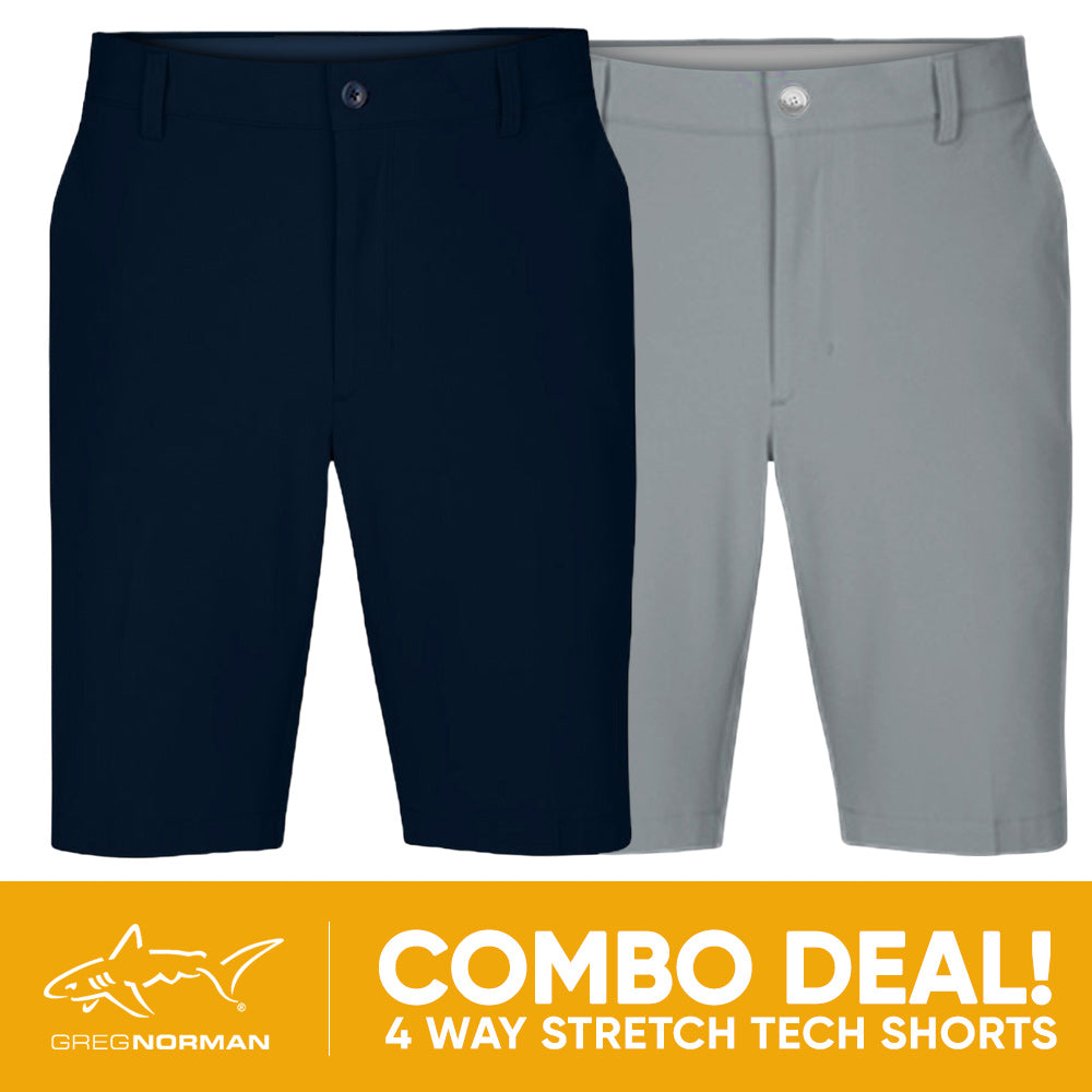 2 PAIR SHORT COMBO!<br>Greg Norman Mens 4 Way Stretch Tech Short - Navy/Sterling