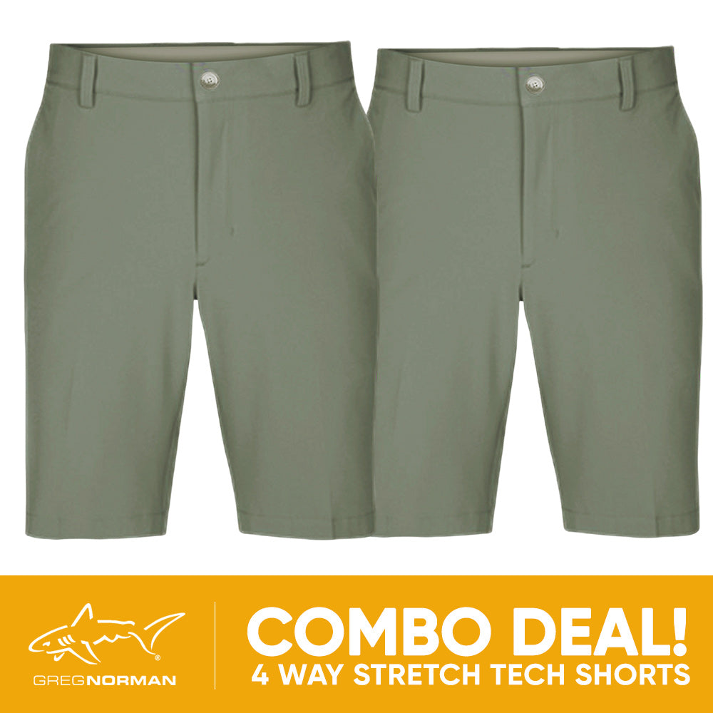 2 PAIR SHORT COMBO!<br>Greg Norman Mens 4 Way Stretch Tech Short - Sage Green/Sage Green