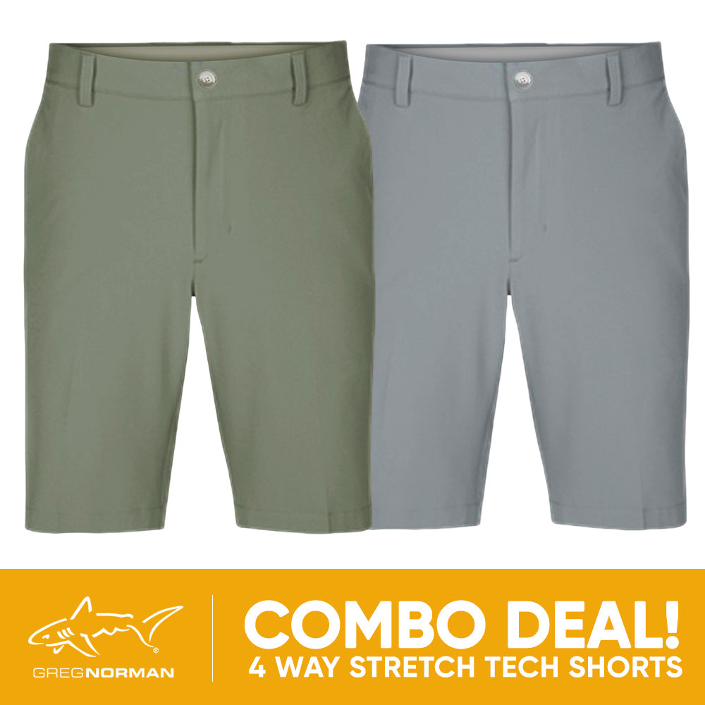 2 PAIR SHORT COMBO!<br>Greg Norman Mens 4 Way Stretch Tech Short - Sage Green/Sterling
