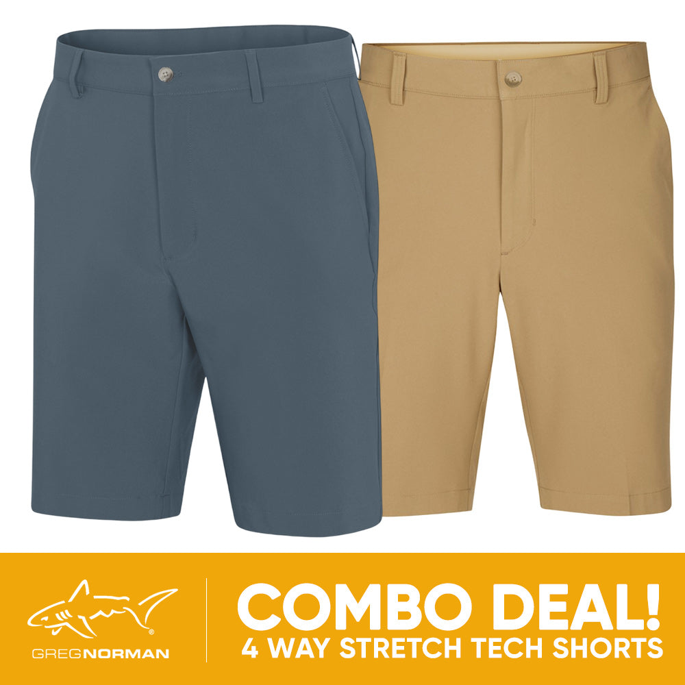 2 PAIR SHORT COMBO!<br>Greg Norman Mens 4 Way Stretch Tech Short - Slate Blue/Bamboo