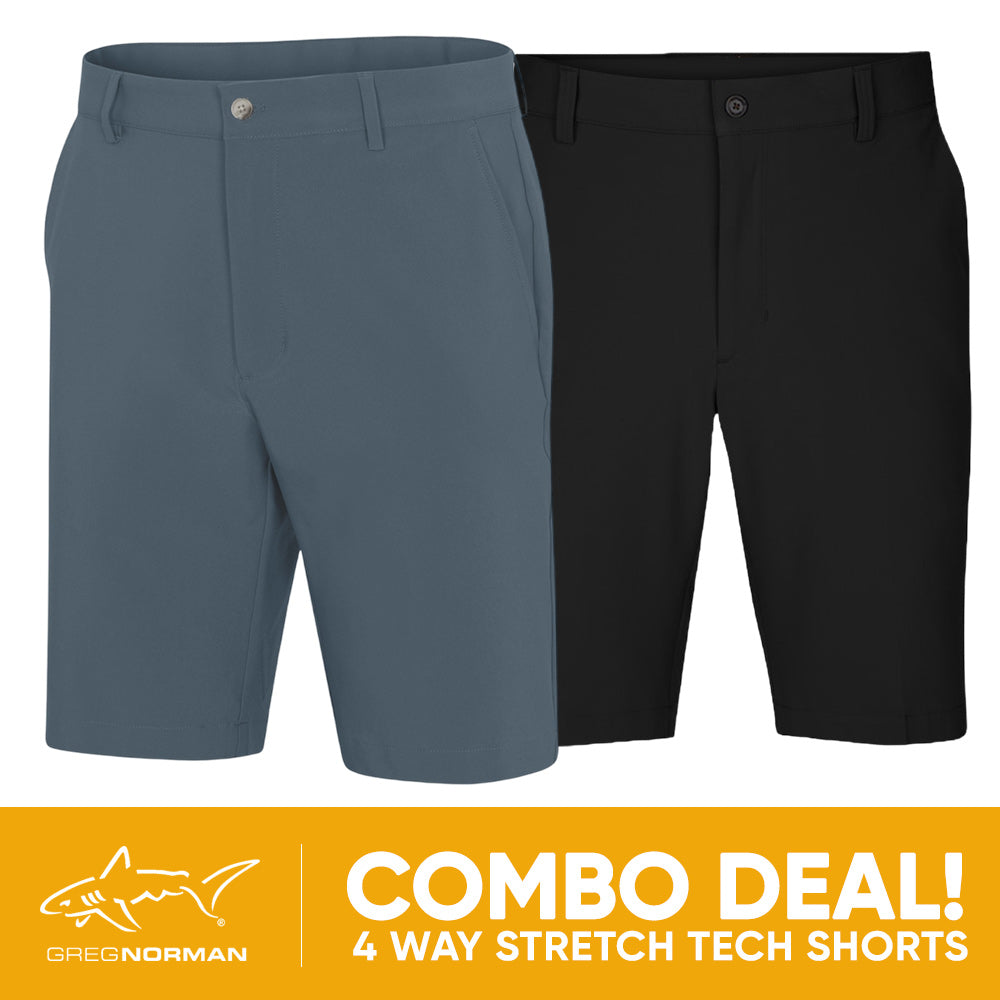2 PAIR SHORT COMBO!<br>Greg Norman Mens 4 Way Stretch Tech Short - Slate Blue/Black