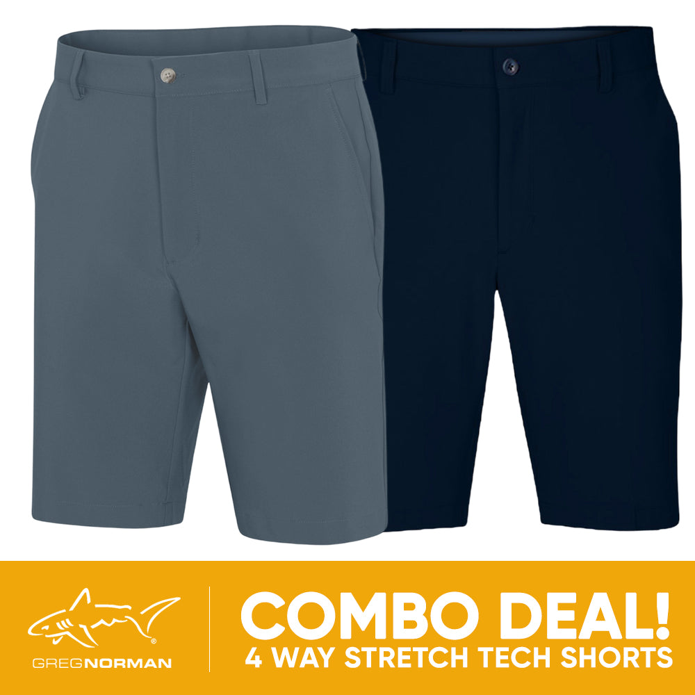 2 PAIR SHORT COMBO!<br>Greg Norman Mens 4 Way Stretch Tech Short - Slate Blue/Navy