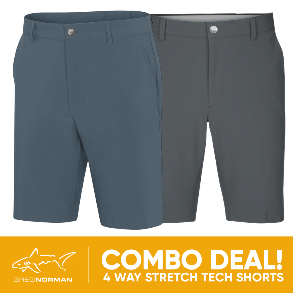 2 PAIR SHORT COMBO!<br>Greg Norman Mens 4 Way Stretch Tech Short - Slate Blue/Steel