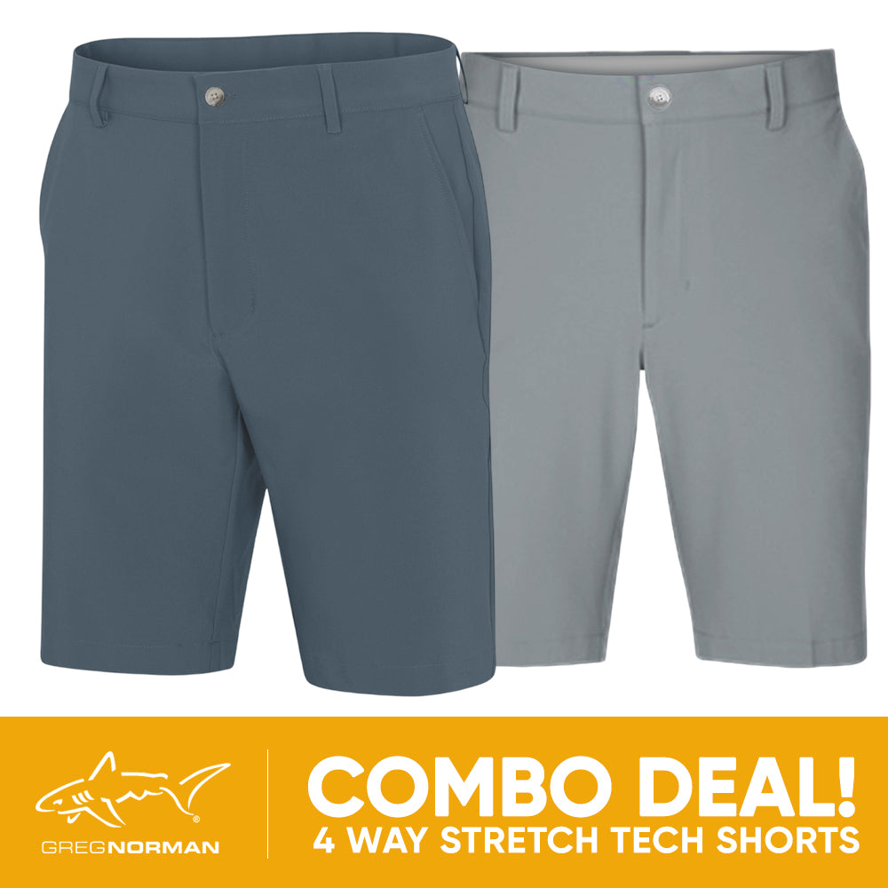 2 PAIR SHORT COMBO!<br>Greg Norman Mens 4 Way Stretch Tech Short - Slate Blue/Sterling