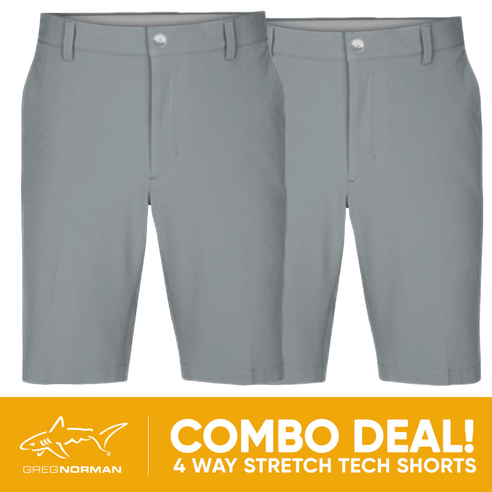 2 PAIR SHORT COMBO!<br>Greg Norman Mens 4 Way Stretch Tech Short - Sterling/Sterling