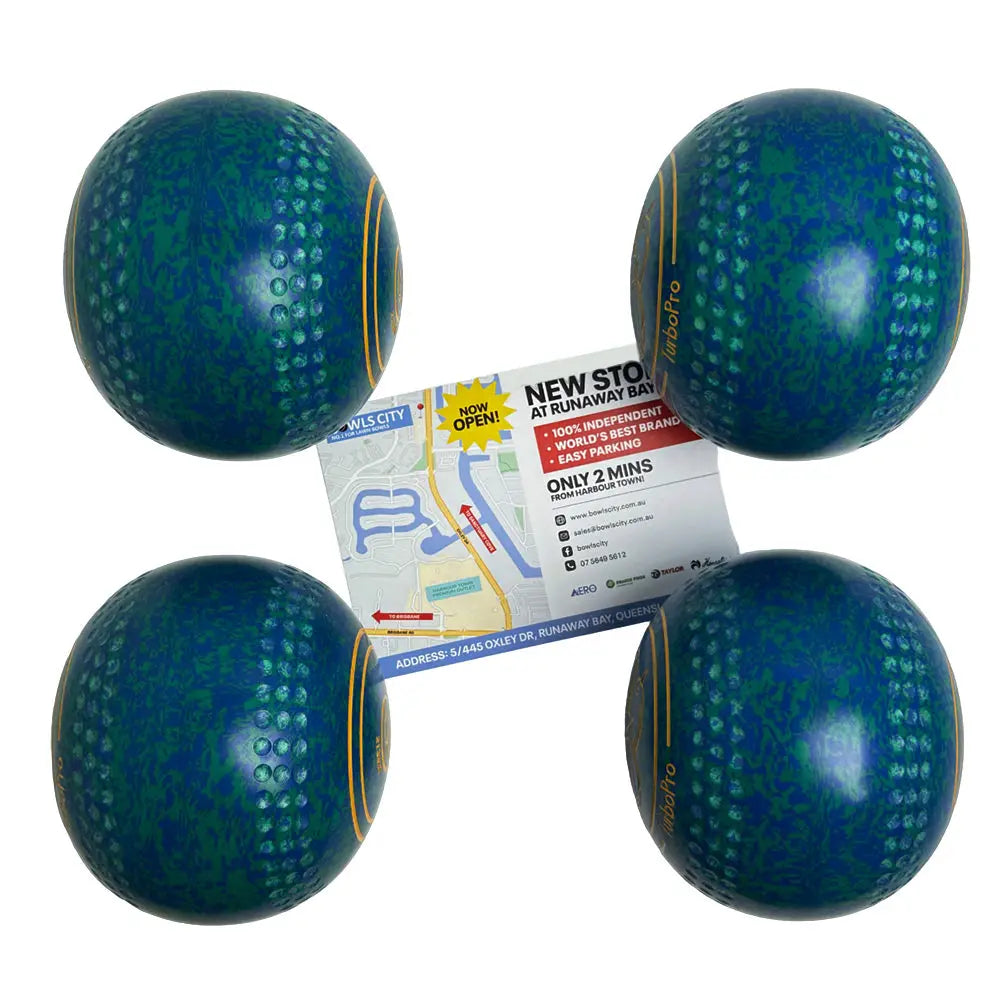 Aero (Pre-Owned) Turbo Pro Lawn Bowls Size 4 Heavy Dimple Grip - Green/Blue Speckle Aero Bowls