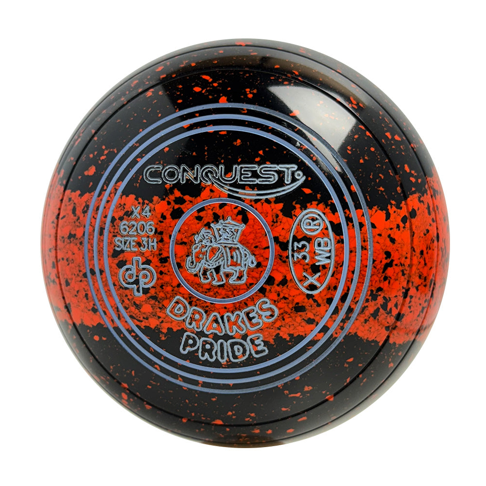 Drakes Pride Conquest Lawn Bowls Size 3 Non-Gripped Tri-Band Black/Orange X4-6206