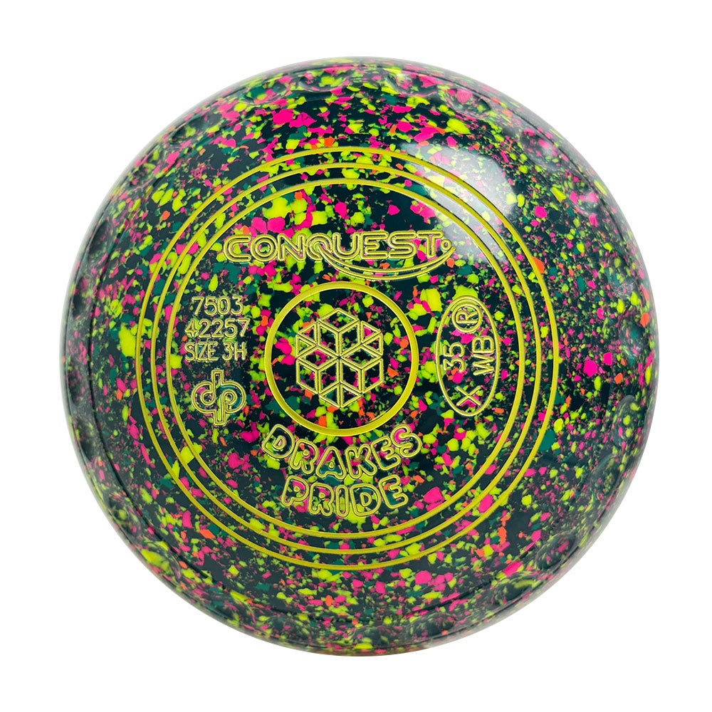Drakes Pride Conquest Lawn Bowls Size 3 Heavy Gripped Green Fluoro Harlequin 7503-42257