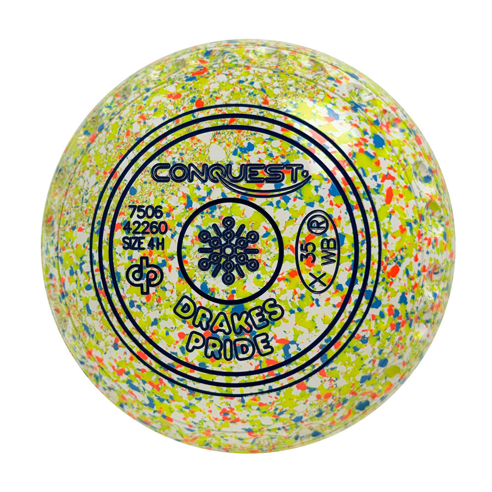 Drakes Pride Conquest Lawn Bowls Size 4 Heavy Gripped White Fluoro Harlequin  7506-42260
