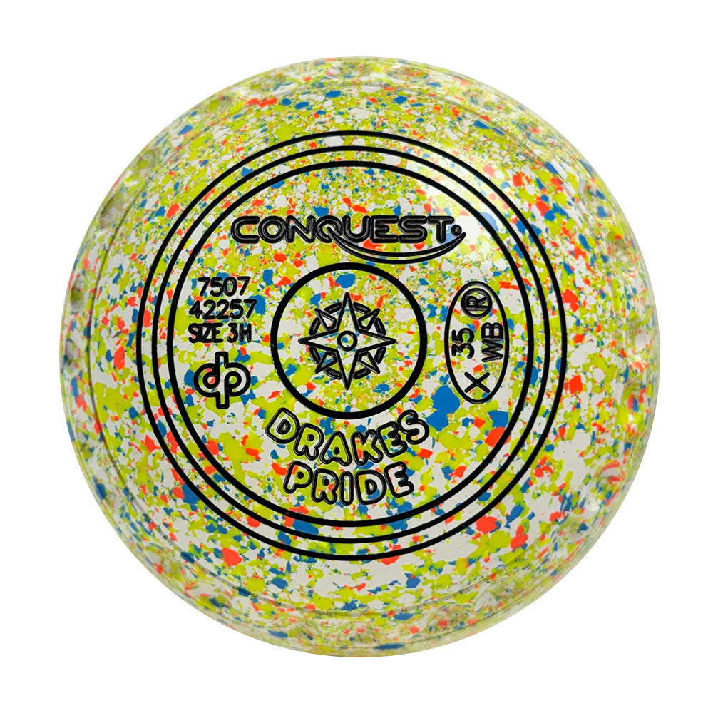 Drakes Pride Conquest Lawn Bowls Size 3 Heavy Gripped White Fluoro Harlequin 7507-42257