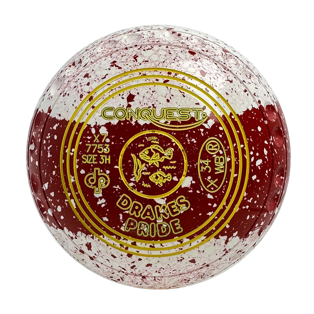 Drakes Pride Conquest Lawn Bowls Size 3 Heavy Gripped Tri-Band White/Red Speckle X7-7753