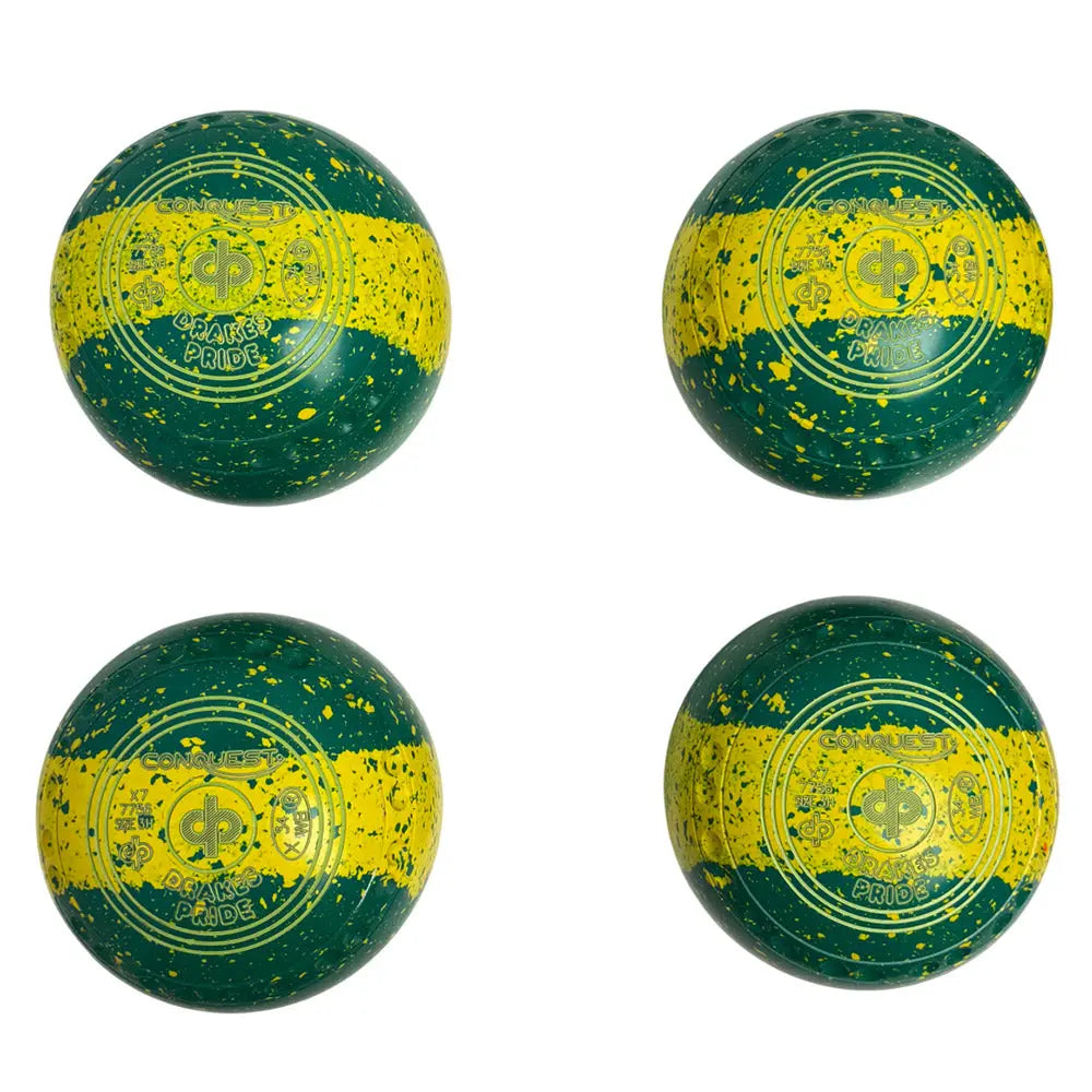 Drakes Pride (Pre-Owned) Conquest Lawn Bowls Size 3 Heavy Gripped Tri-Band Green/Yellow X7-7756 Drakes Pride