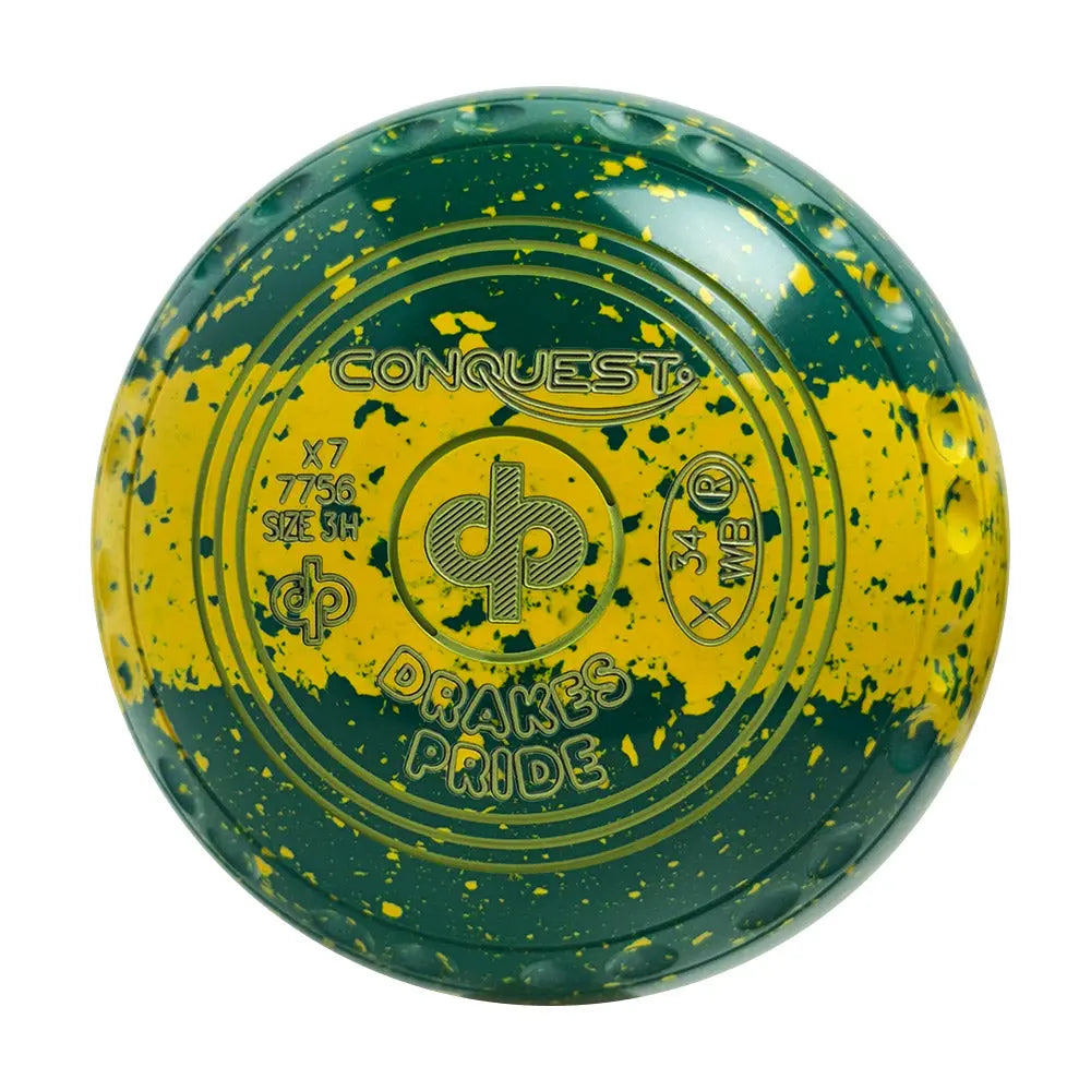 Drakes Pride Conquest Lawn Bowls Size 3 Heavy Gripped Tri-Band Green/Yellow X7-7756 - Bowls City