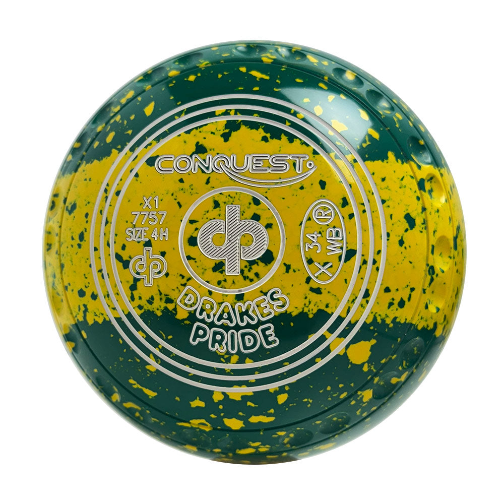 Drakes Pride Conquest Lawn Bowls Size 4 Heavy Gripped Tri-Band Green/Yellow X1-7757