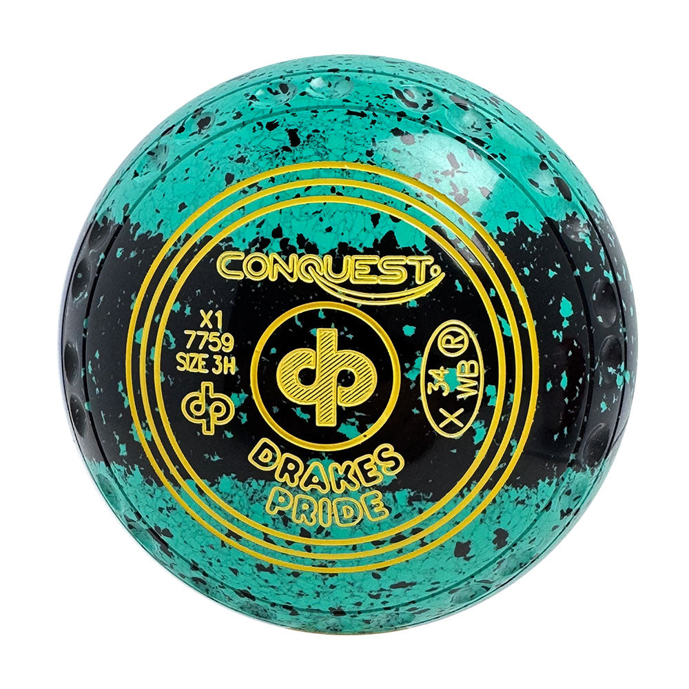 Drakes Pride Conquest Lawn Bowls Size 3 Heavy Gripped Tri-Band Mint/Black Speckle X1-7759