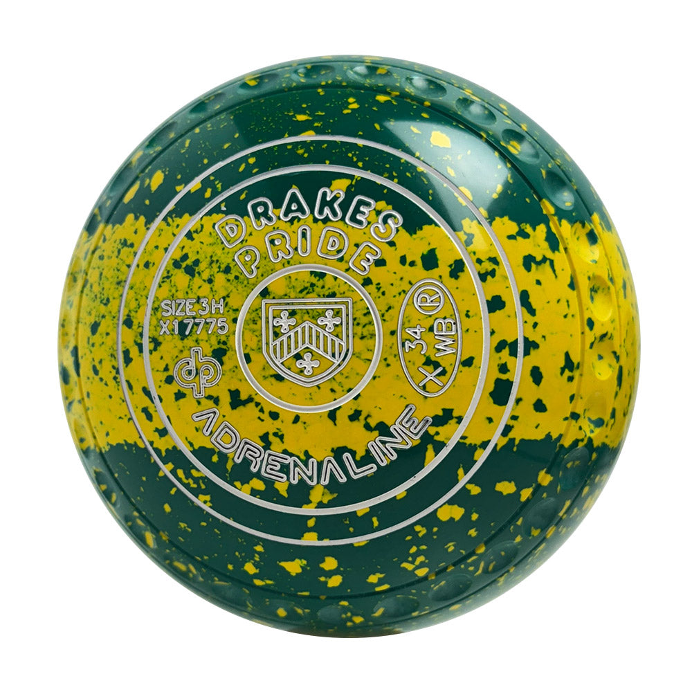 Drakes Pride Adrenaline Lawn Bowls Size 3 Heavy Gripped Green/Yellow Tri-Band - X1-7775