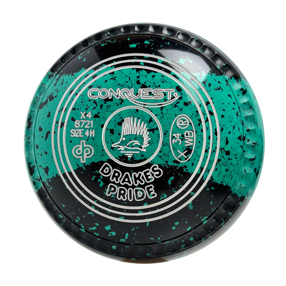 Drakes Pride Conquest Lawn Bowls Size 4 Heavy Gripped Tri-Band Black/Mint X4-8721