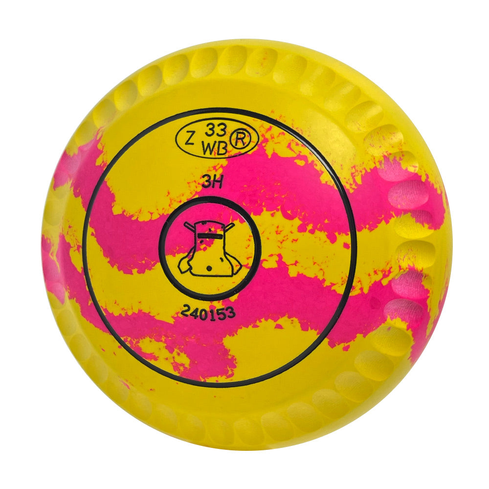 Aero Optima Lawn Bowls 3 Heavy Enhance Grip Yellow/Pink Swirl - 240153
