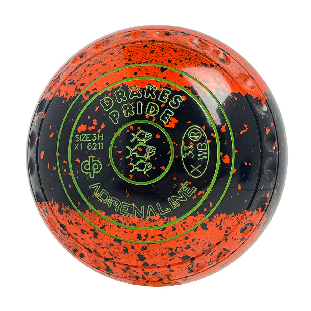 Drakes Pride Adrenaline Lawn Bowls Size 3 Heavy Gripped - Tri-Band Orange Black Speckled