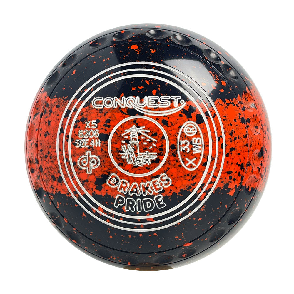 Drakes Pride Conquest Lawn Bowls Size 4 Heavy Gripped - Trio Black/Orange X5-6206