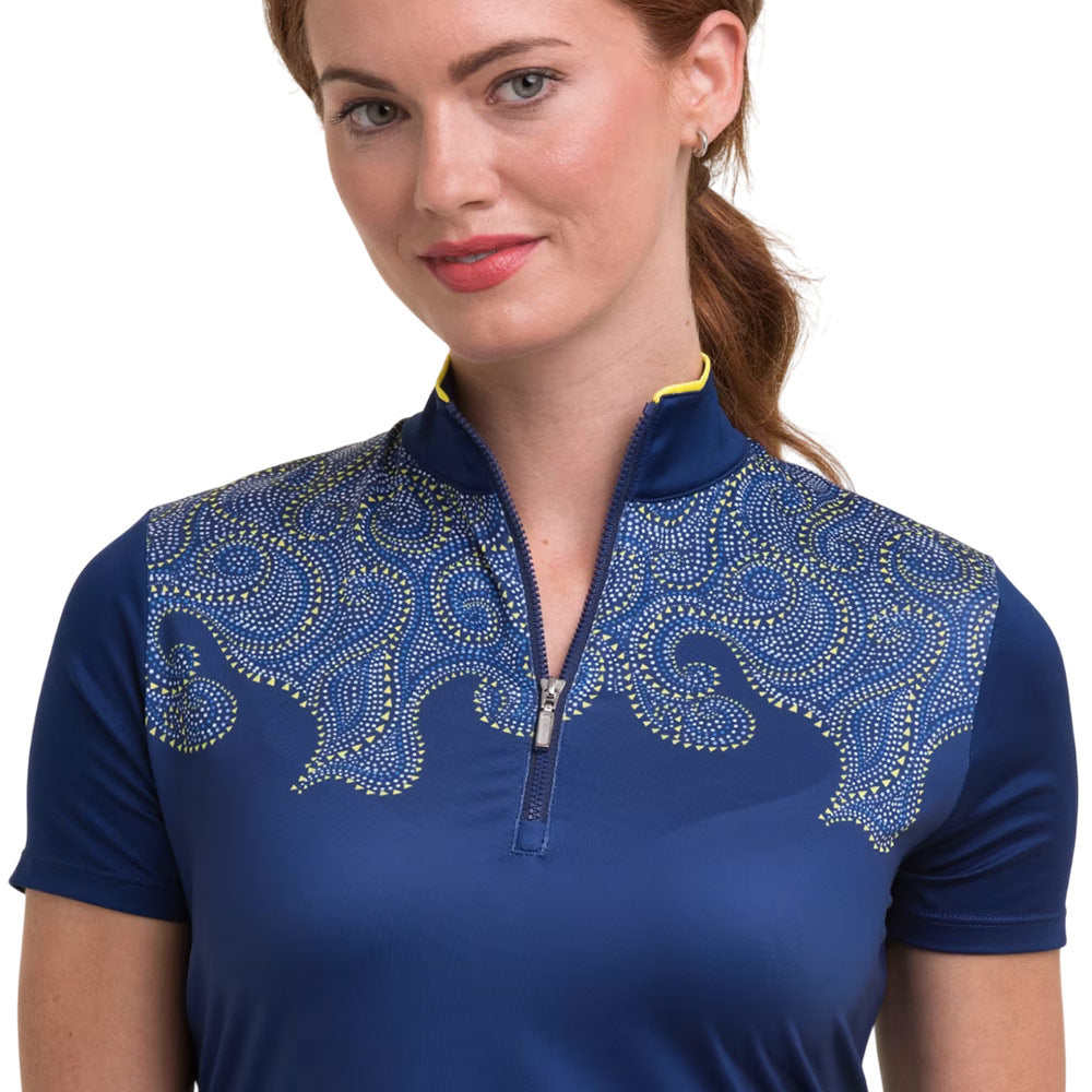 EPNY Womens Short Sleeve Polo Paisley Swirl- Inky Multi