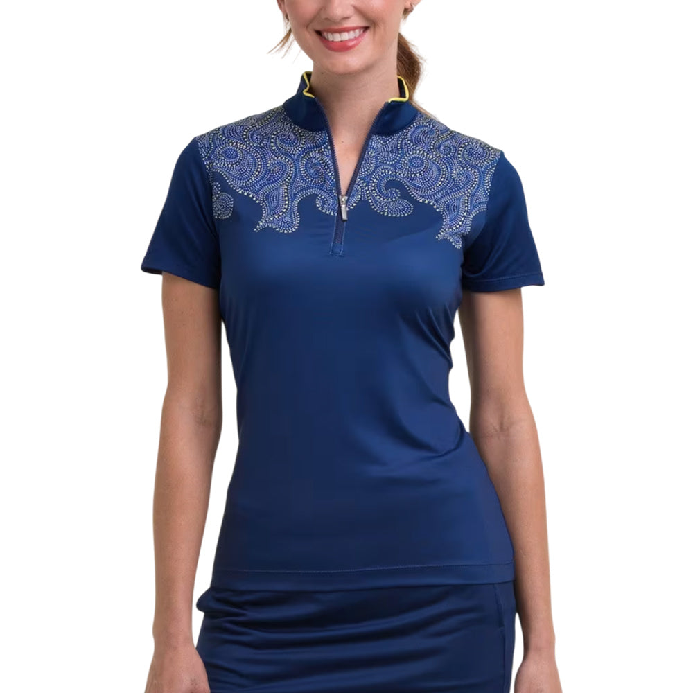 EPNY Womens Short Sleeve Polo Paisley Swirl- Inky Multi