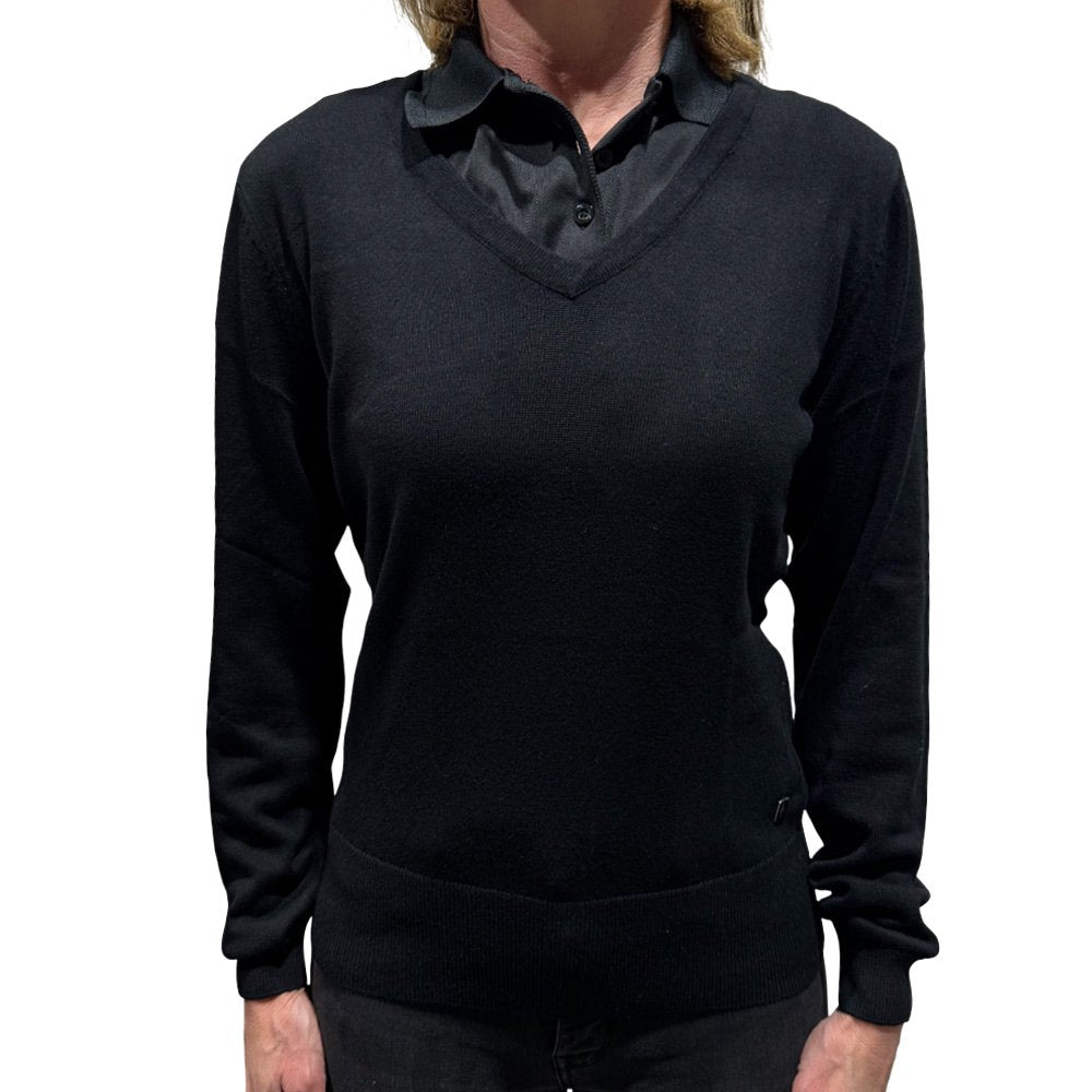 Green Lamb Ladies V Neck Long Sleeve Pullover - Black