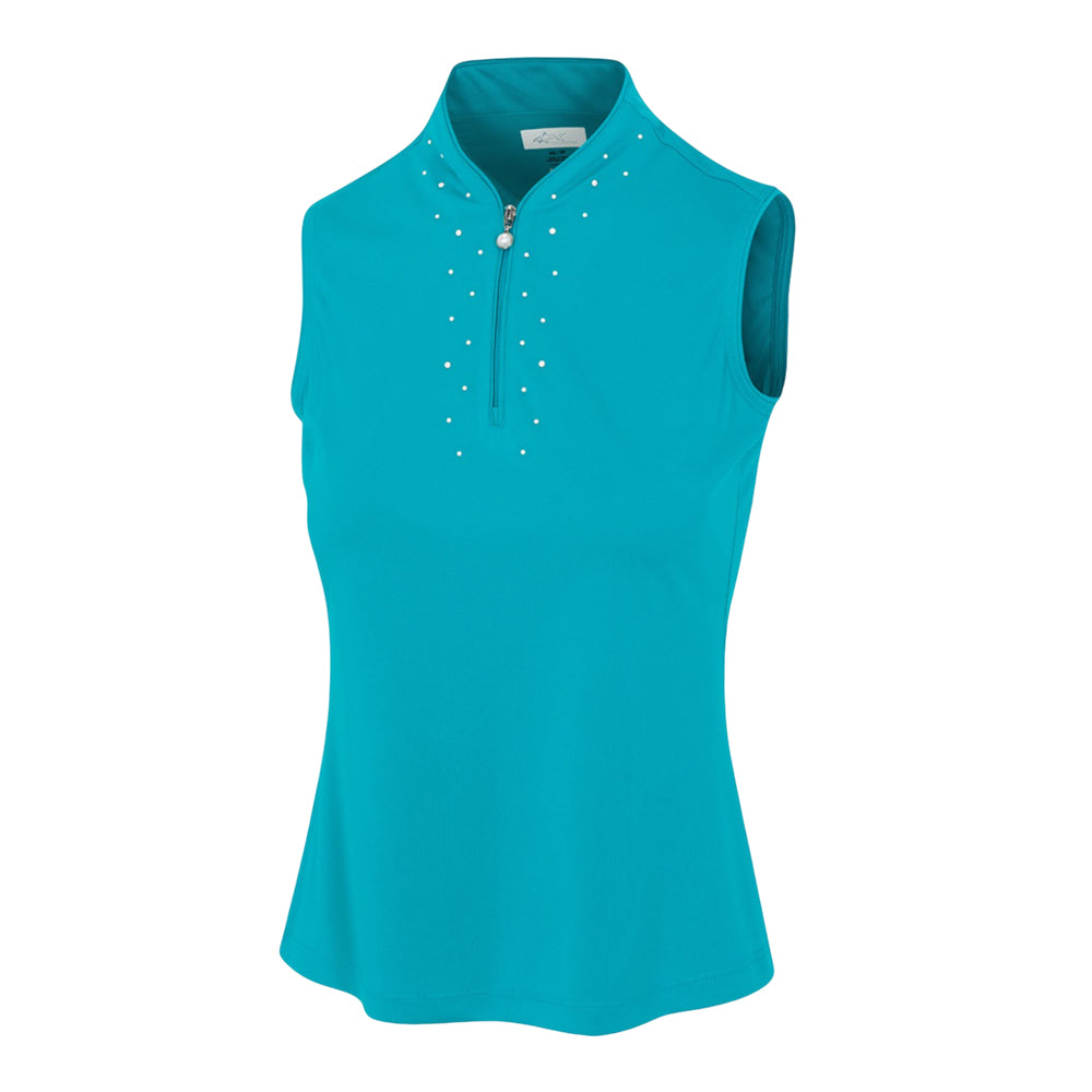 Greg Norman Ladies Pearl Studded Sleeveless Polo - Lagoon Blue
