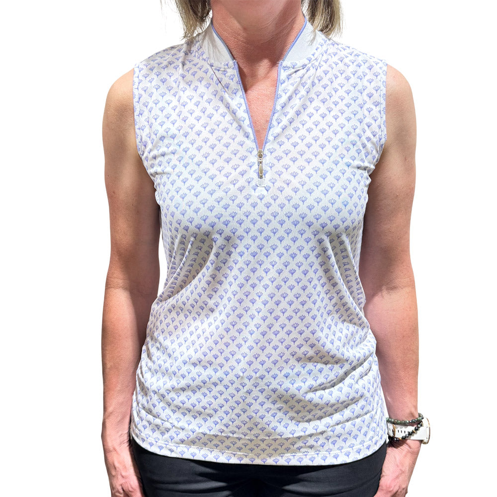 Greg Norman Ladies Lotus Print Pique Sleeveless Polo - Purple Pearl