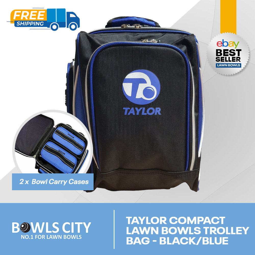 INCL. POST! Taylor Black/Blue Compact Trolley Bowls Bag on wheels.