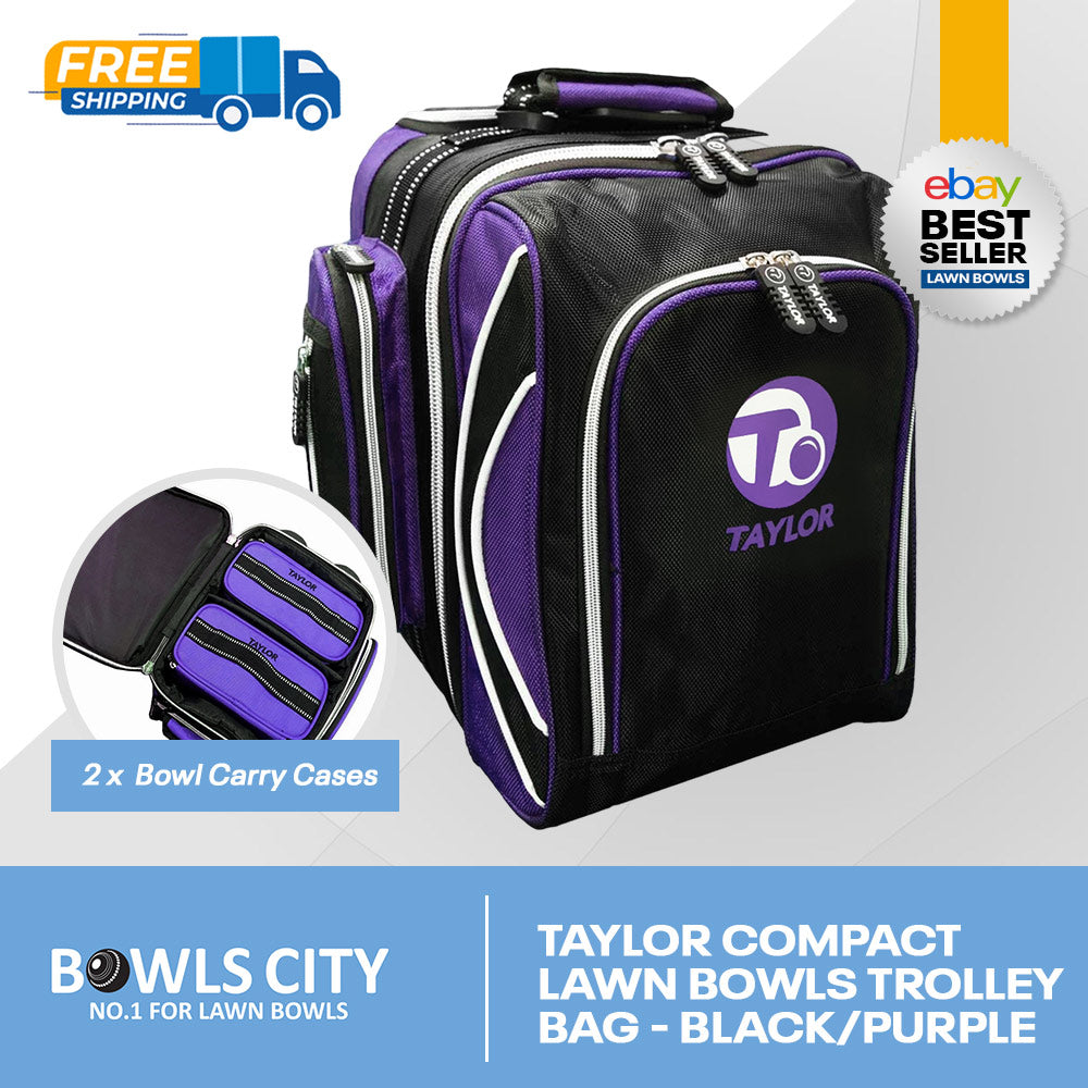 INCL. POST! Taylor Black/Purple Compact Trolley Bowls Bag on wheels.