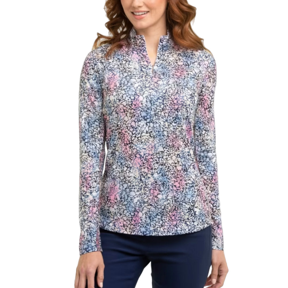 EPNY Womens Long Sleeve Marble Print Polo - Inky Multi