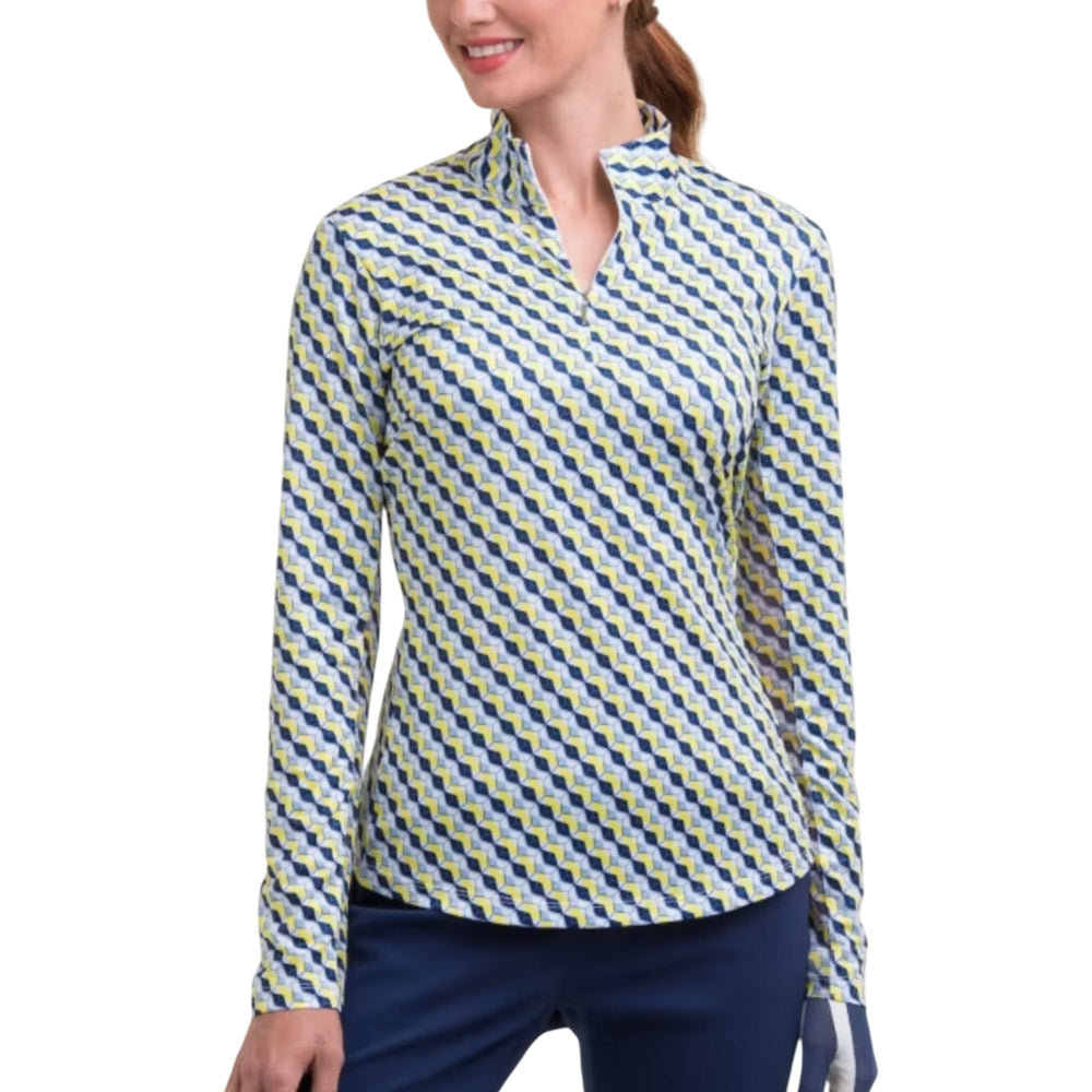EPNY Womens Long Sleeve Diamond Stripe Print Polo - White/Multi