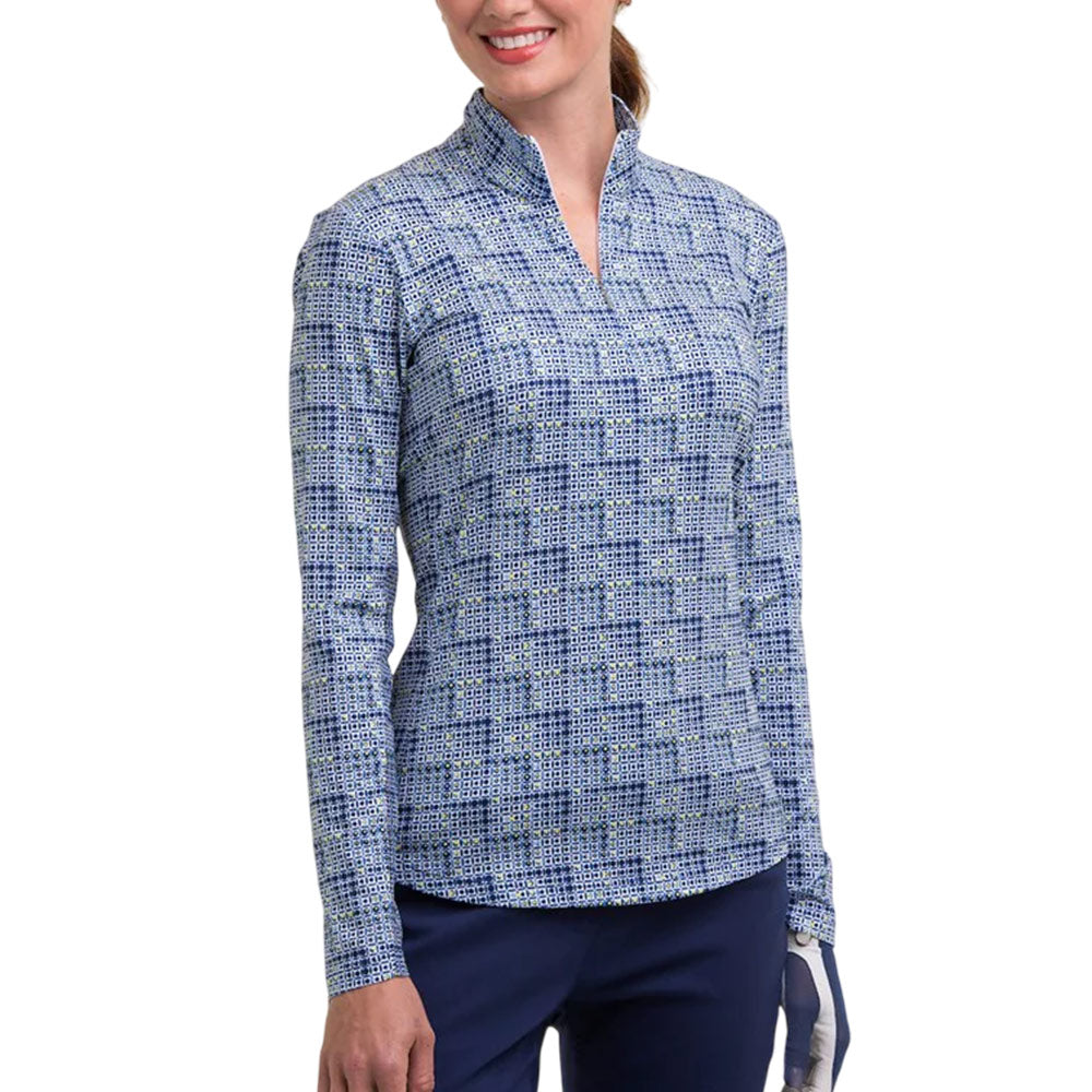 EPNY Womens Long Sleeve Geo Grid Print Polo - Inky/Multi