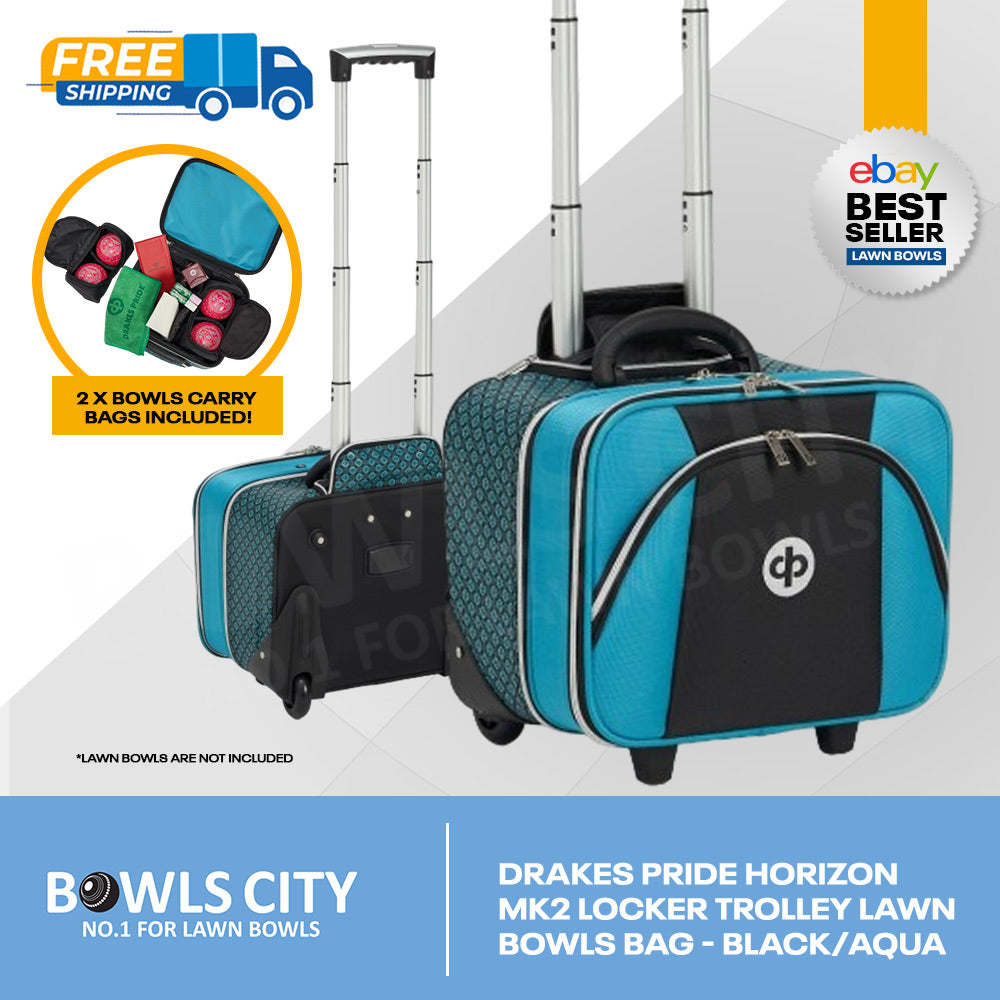 New Horizon Black/Aqua Mid Size 4 Lawn Bowls Trolley Bag + 2 x 2 bowls carriers