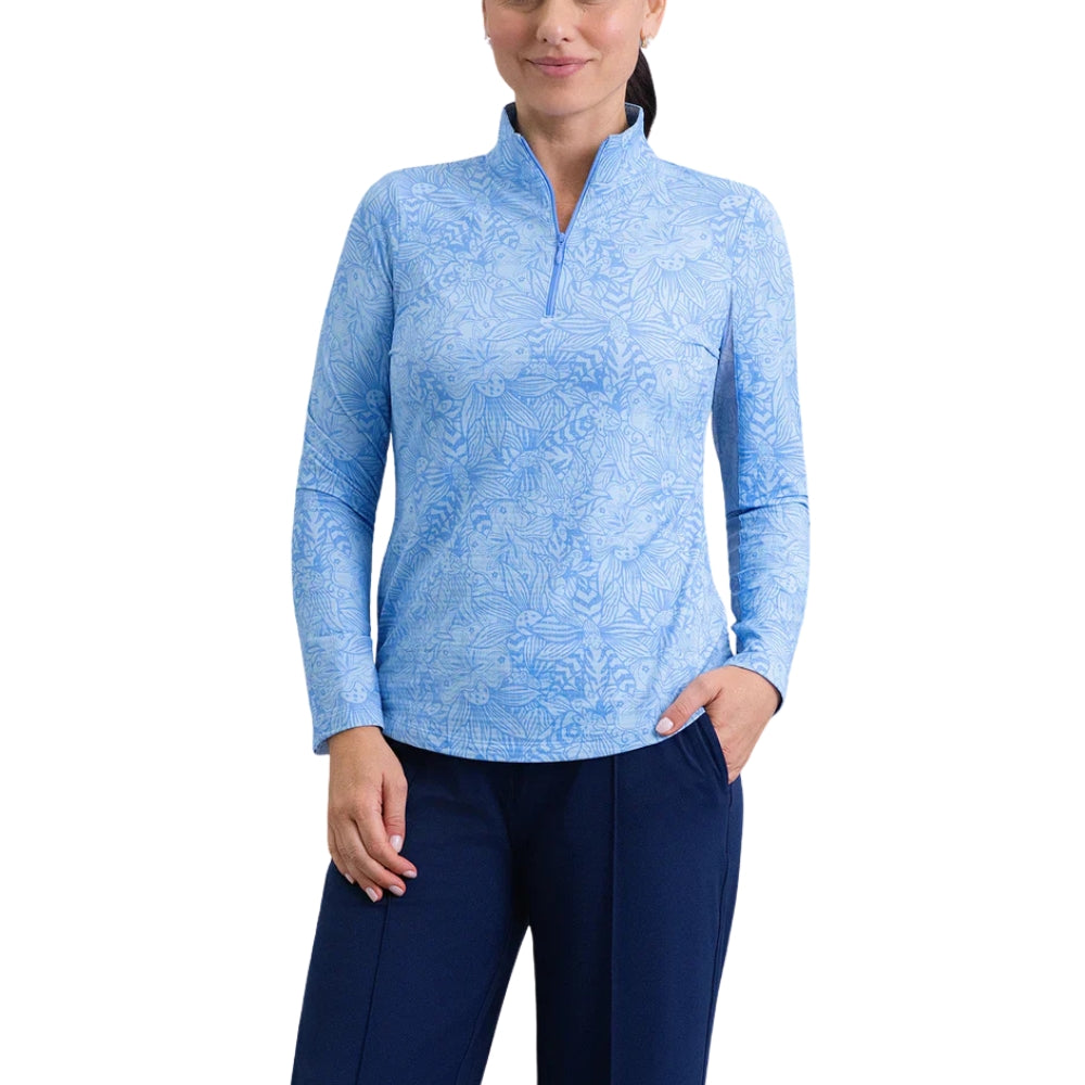 Ibkul Ladies Annie Print Long Sleeve Mock Polo - Peri/Light Peri