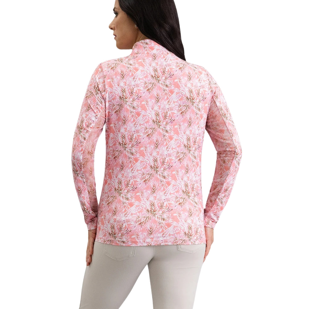 Ibkul Ladies Briana Print Long Sleeve Mock Polo - Peach