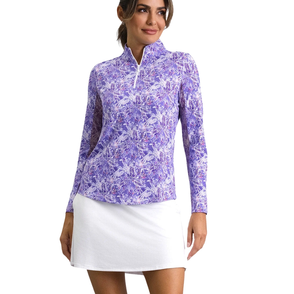 Ibkul Ladies Briana Print Long Sleeve Mock Polo - Plum