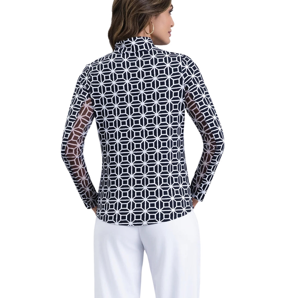 Ibkul Ladies Carolyn Print Long Sleeve Mock Polo - Black