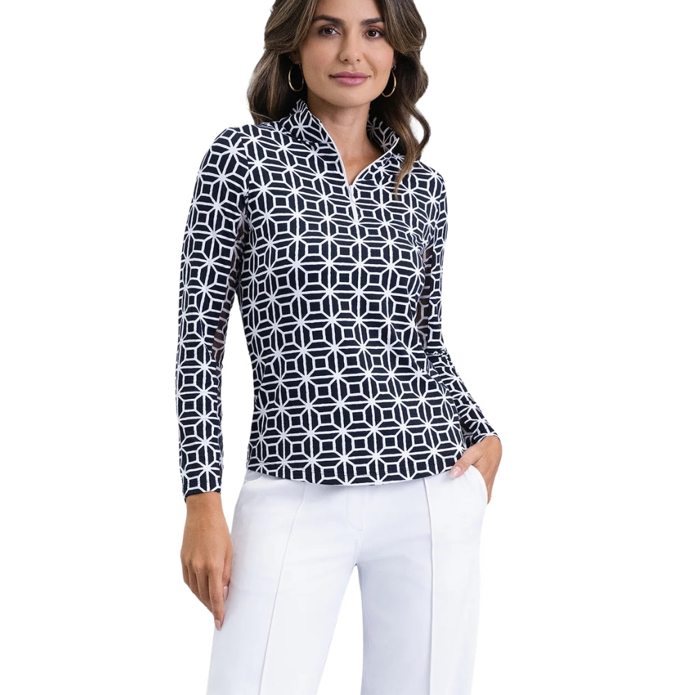 Ibkul Ladies Carolyn Print Long Sleeve Mock Polo - Black