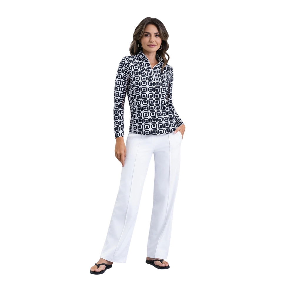 Ibkul Ladies Carolyn Print Long Sleeve Mock Polo - Black