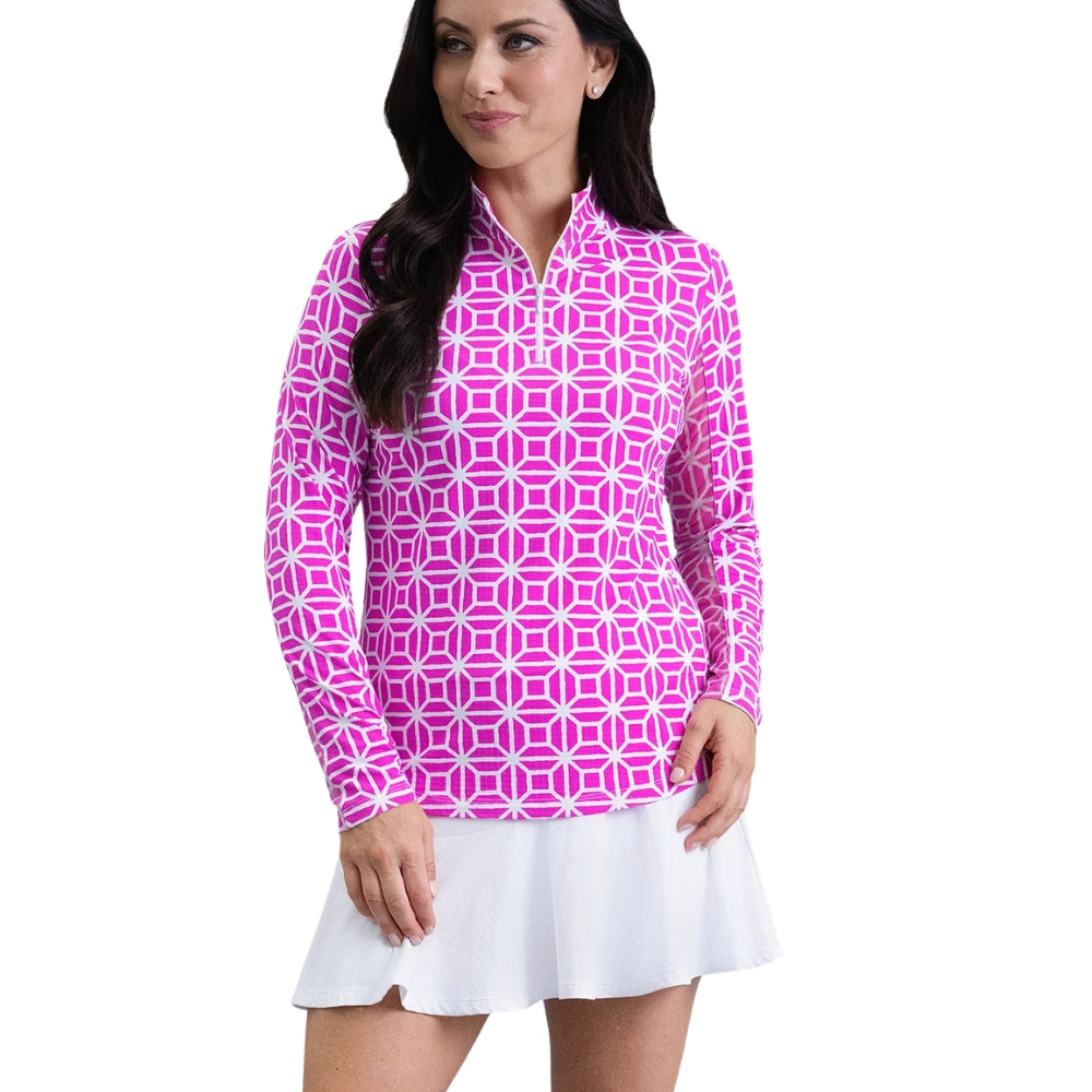 Ibkul Ladies Carolyn Print Long Sleeve Mock Polo - Hot Pink