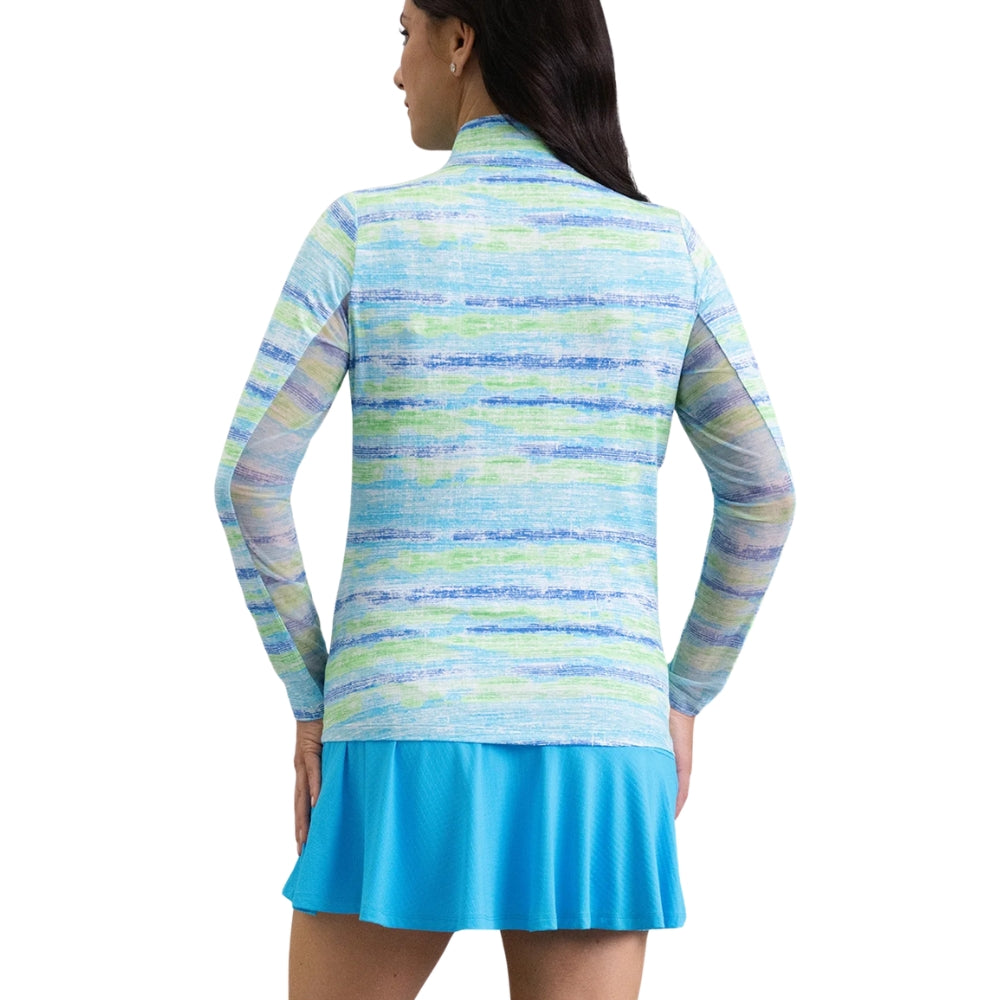 Ibkul Ladies Gia Print Long Sleeve Mock Polo - Blue Multi