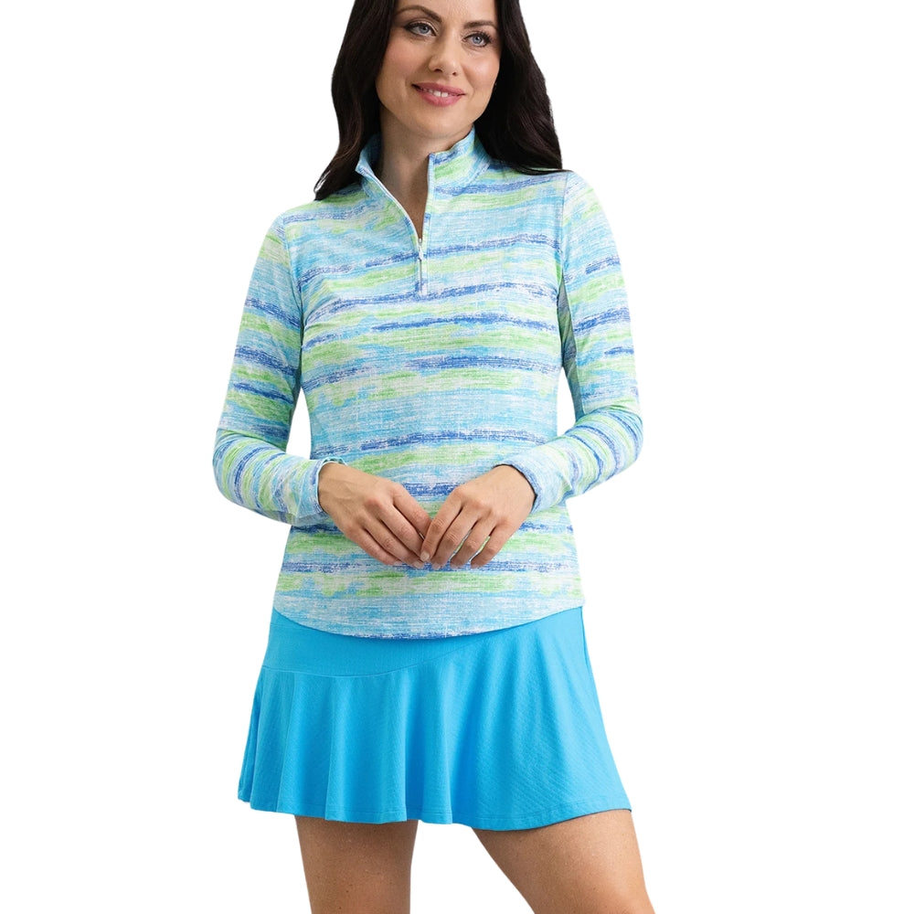 Ibkul Ladies Gia Print Long Sleeve Mock Polo - Blue Multi
